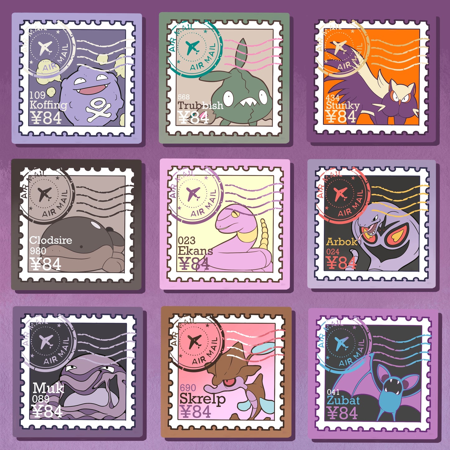 Poison Type Stamps (Mockups) vinyl sticker (Pack of 9)