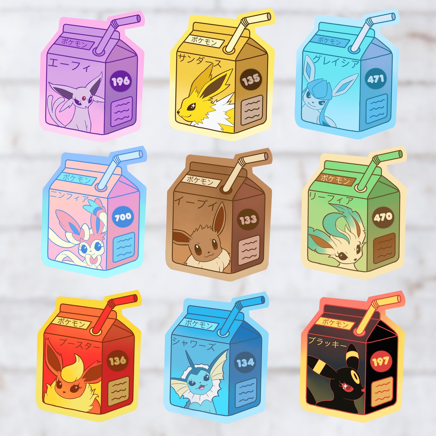 Eeveelution Juice Boxes vinyl stickers (Pack of 9)